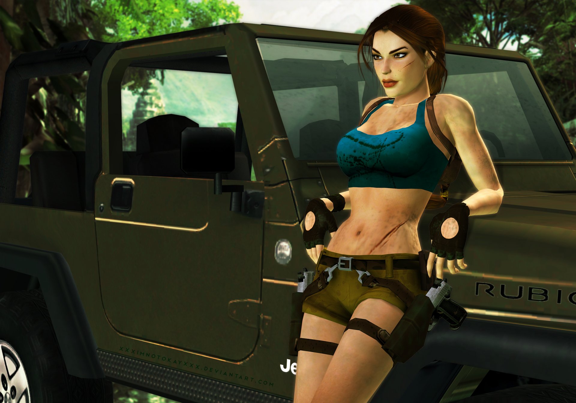 tomb raider lara croft macchina alberi ragazza posa armi pistole