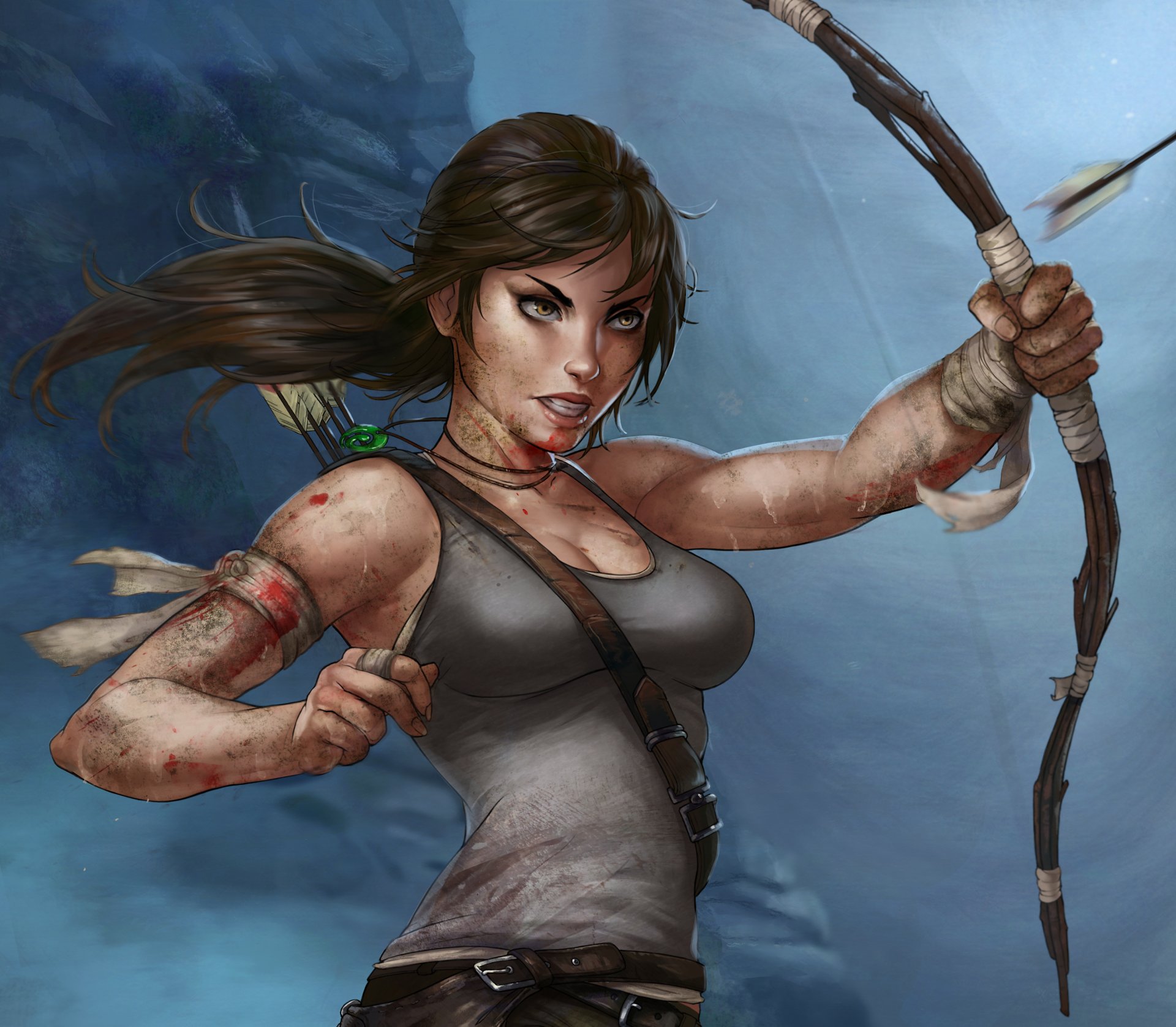 lara croft tomb raider art arme arc flèche débardeur bandage sang blessure visage queue de cheval