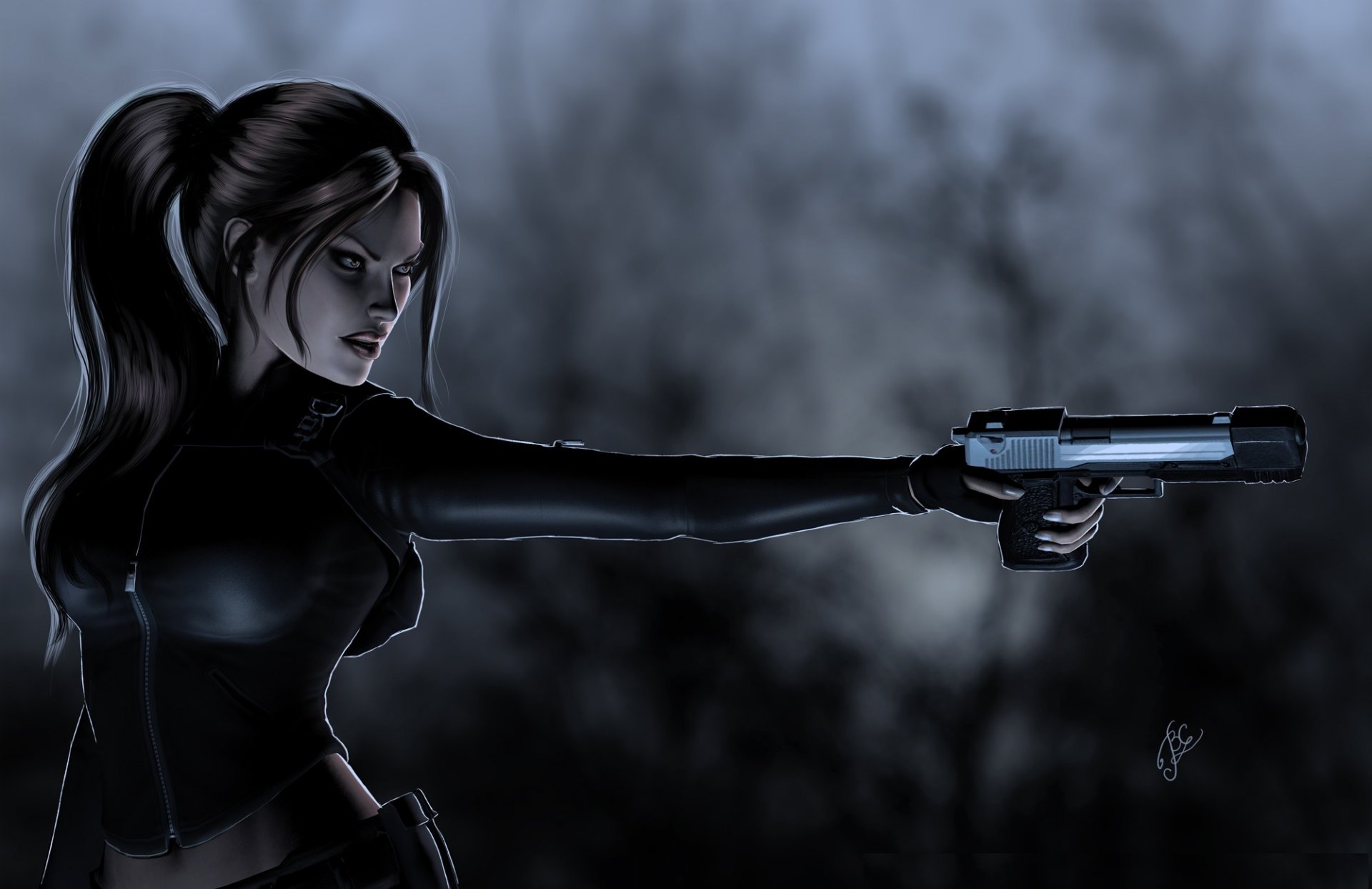 tomb raider lara croft art art. face view hair ponytail hand weapon gun