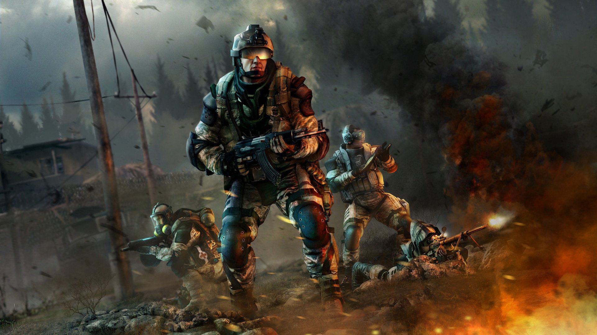 warface crytek crytek киев mail.ru group солдат оружие шлем штурмовик медик инженер снайпер облака небо пыль дым пламя огонь выстрел туман деревья