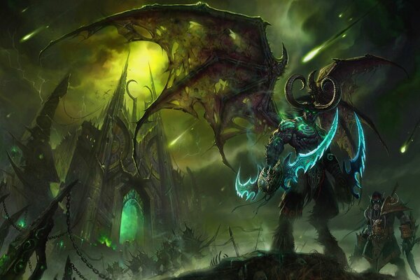 Fantastic demon with wings on the background of a castle from warcraft