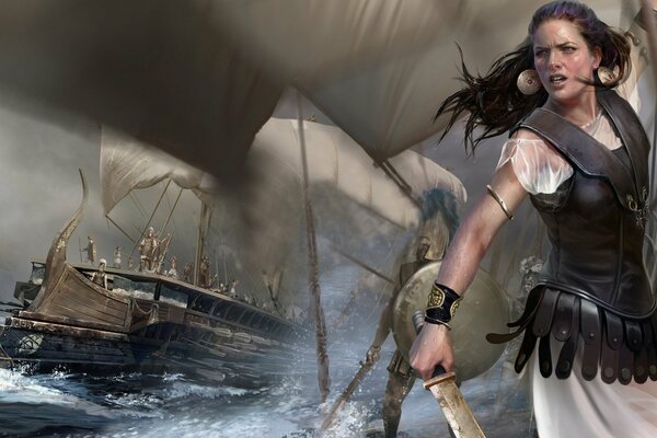 Mädchen-Krieger mit Schwert in den Händen auf einem Schiff