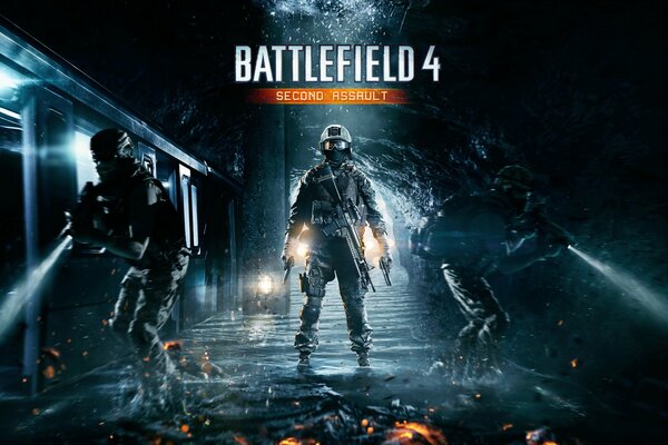 Battlefield 4 game. Soldiers with weapons in the subway in the water