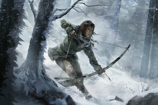 Arte Lara Croft con un arco in mano