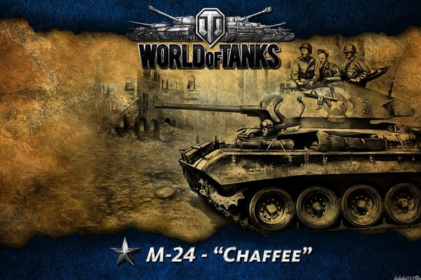 Poster aus dem Spiel World of Tanks Ein Panzer mit einer Kampfmannschaft auf