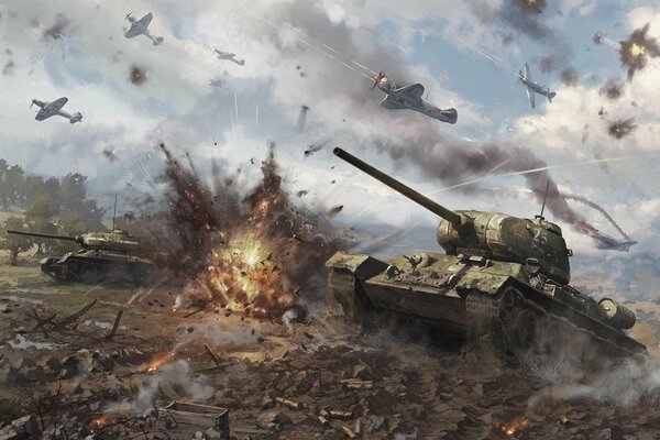 Krieg. Kampf von Panzern und Flugzeugen. Die Explosion