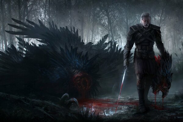 The Witcher 3. chasse sauvage. forêt. Geralt à tête blanche avec une épée ensanglantée
