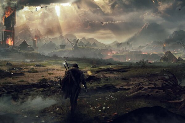 A scene from the computer game Shadow of Mordor based on The Lord of the Rings . Warriors in Middle-Earth