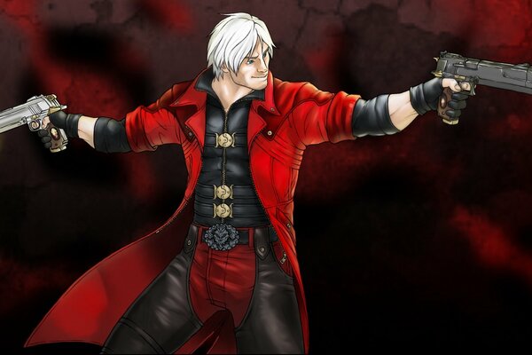 Devil may cry. dmc. capcom. Dante with white hair shooting pistols