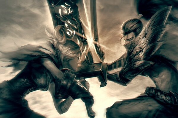 Картина фэнтези битвы двух героев