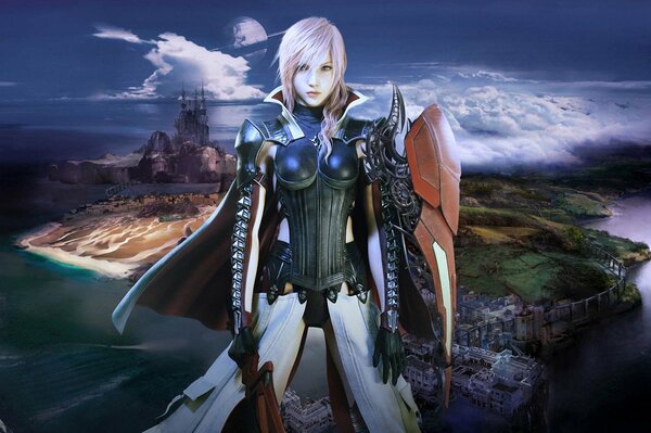 A girl in armor against the background of the city and water