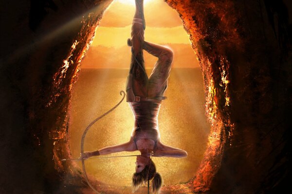 A girl hanging on a rope to the top with a bow in her hands is the best art game Lara Croft