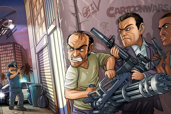 Cartoon-Gangster und Cops im Geschäft