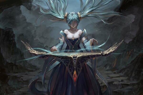 Art drawing of sona standing in front of the magic altar