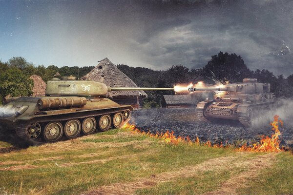 The confrontation between the Soviet T-34 tank and the German tiger