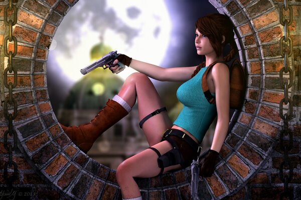 A girl with guns on a full moon