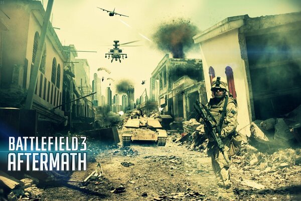 Illustration for the battlefield 3 game with a wounded soldier on the background of a destroyed city