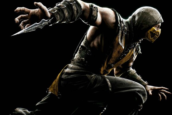 Personaje del juego mortal Kombat Scorpion en pose de combate
