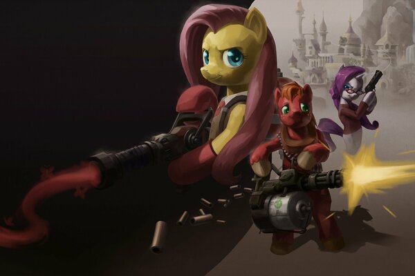 Les poneys tirent des armes. Mai Little Pony