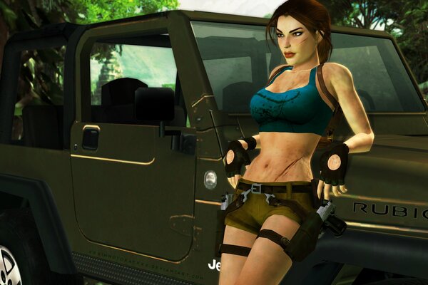 Kadr z gry Lara Croft koło terenówki