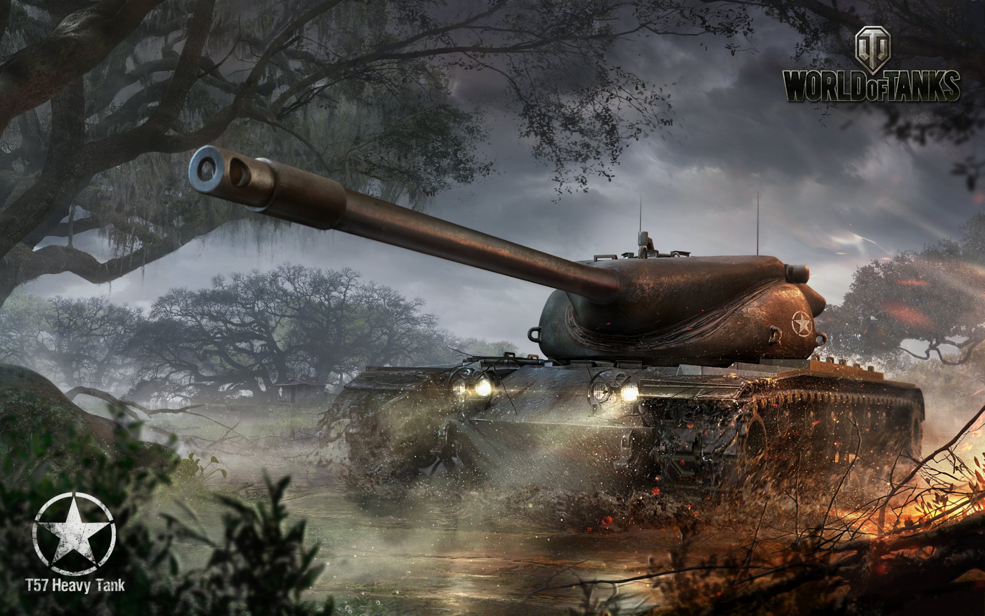 wargaming net world of tanks wot t57 réservoir lourd réservoir américain états-unis arbres brouillard feu lumière baril fer cabane nuages eau boue brousse logo réservoir titres réservoir américain lourd réservoir lourd wp