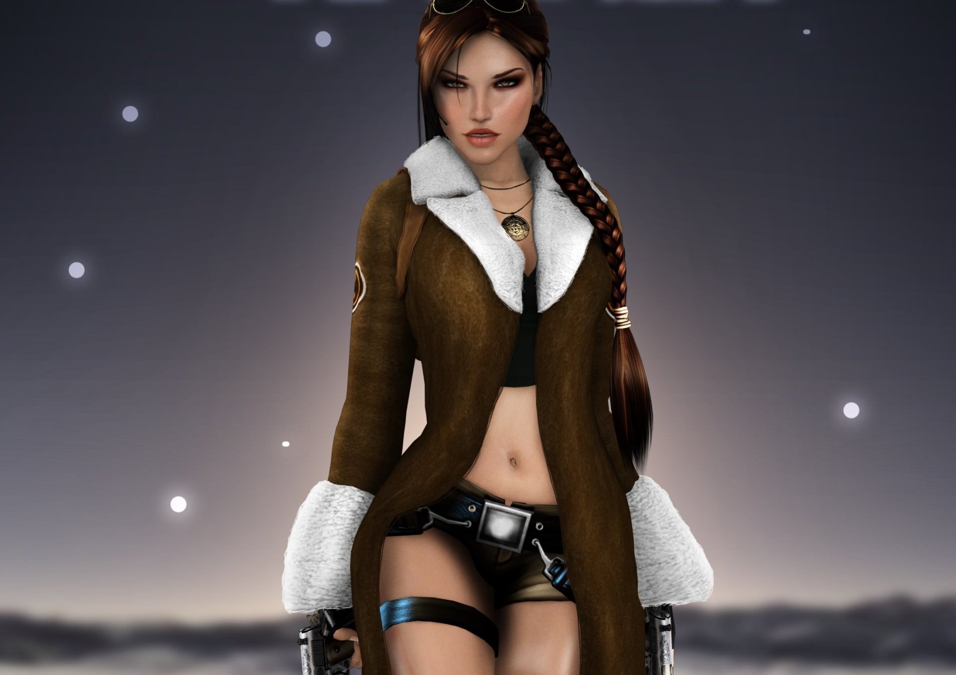 tomb raider lara croft jeu fille visage regard médaillon cheveux queue de cochon manteau pistolets