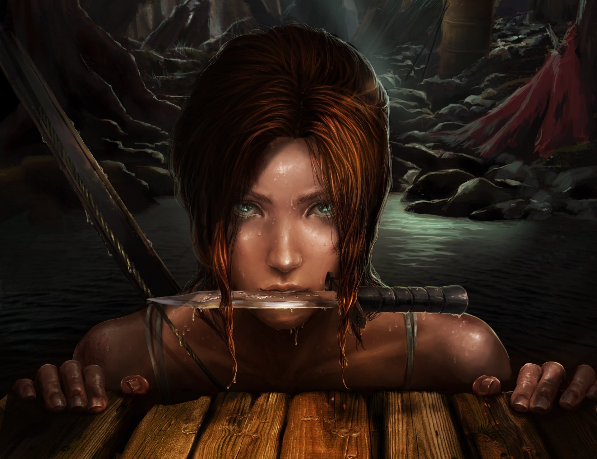 lara croft tomb raider frankiew ip art visage regard yeux couteau eau gouttes