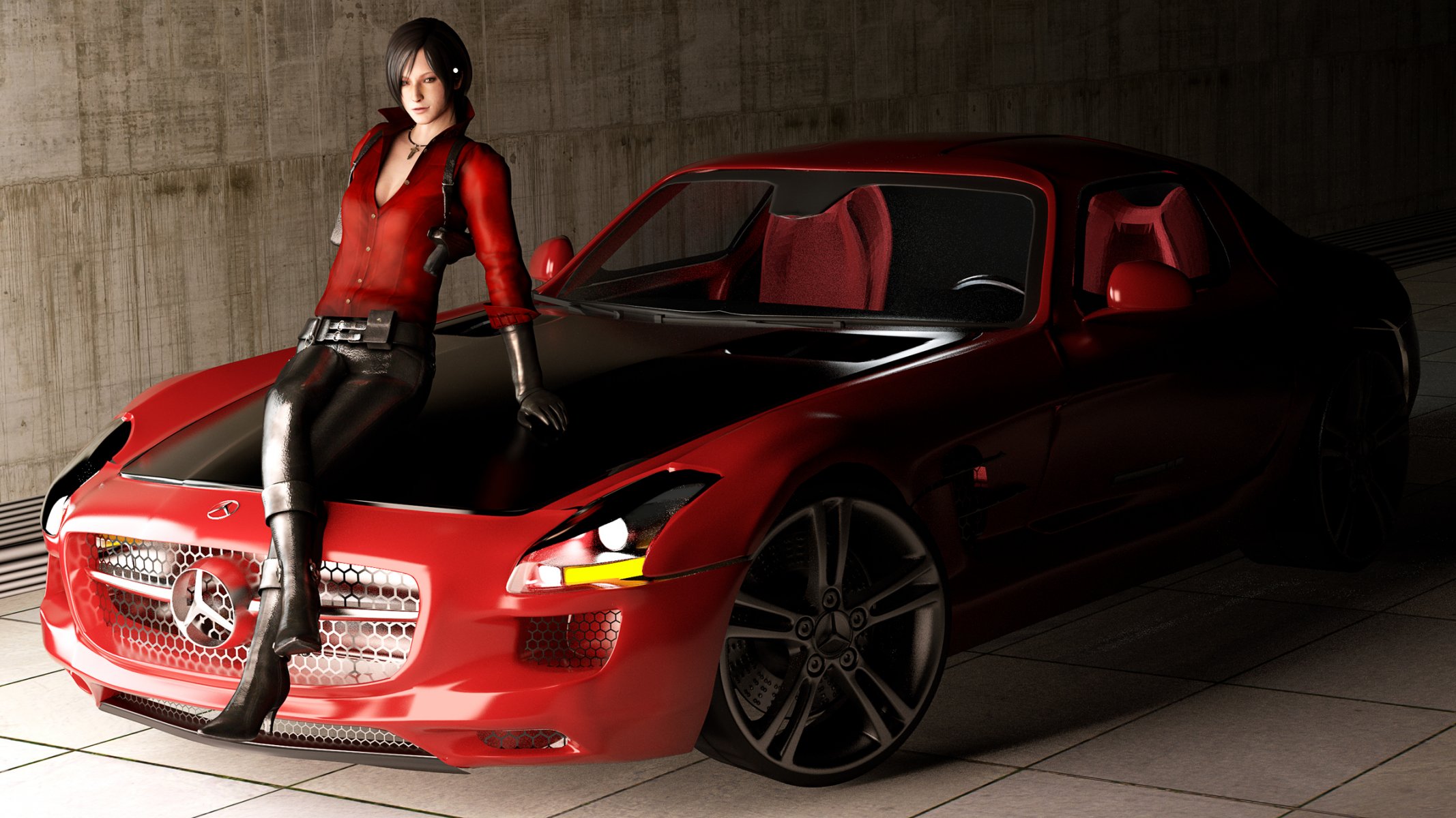 fan art hölle resident evil mercedes benz sls amg roadster mädchen auto in rot rendering