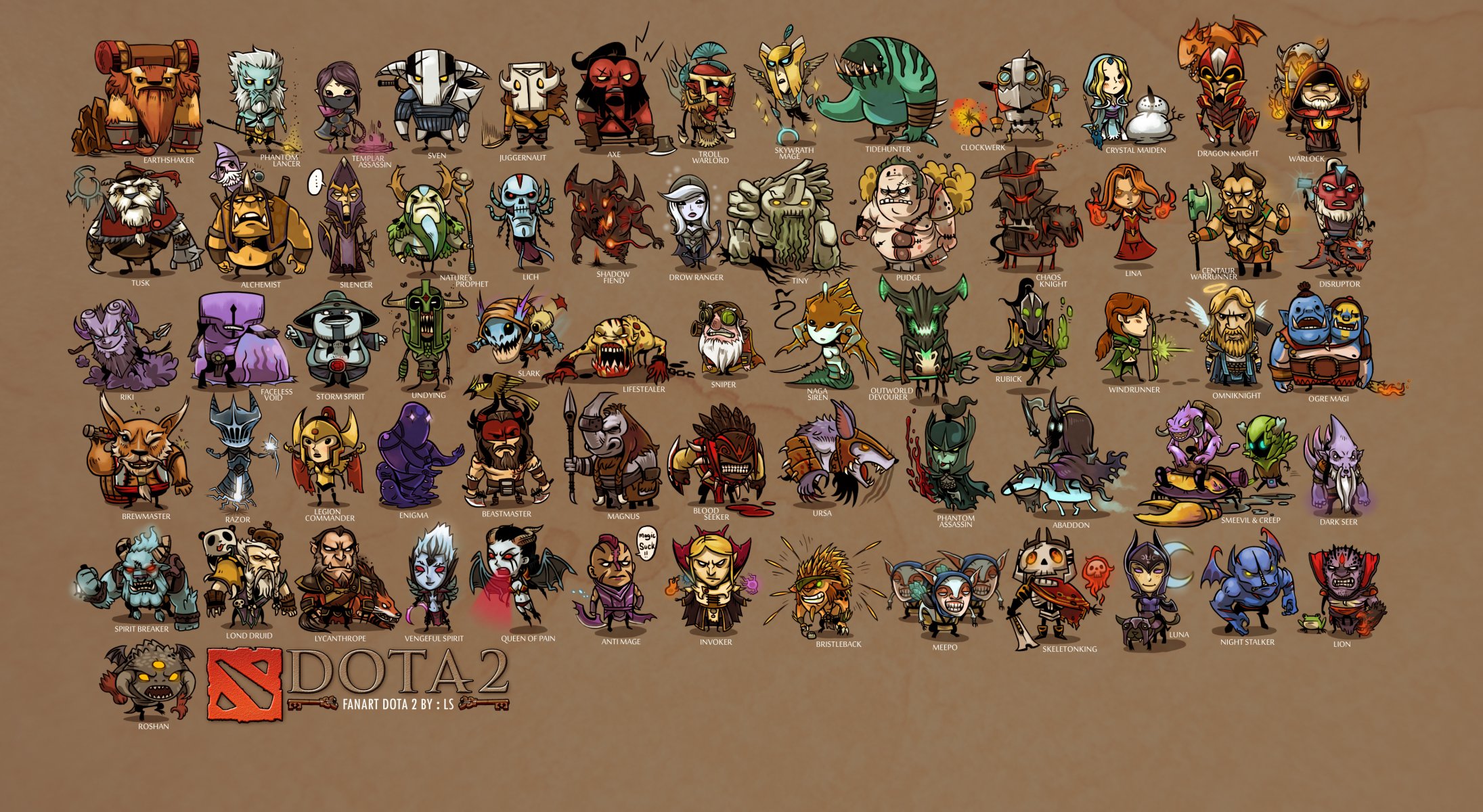 dota 2 game heroes drawn brown background