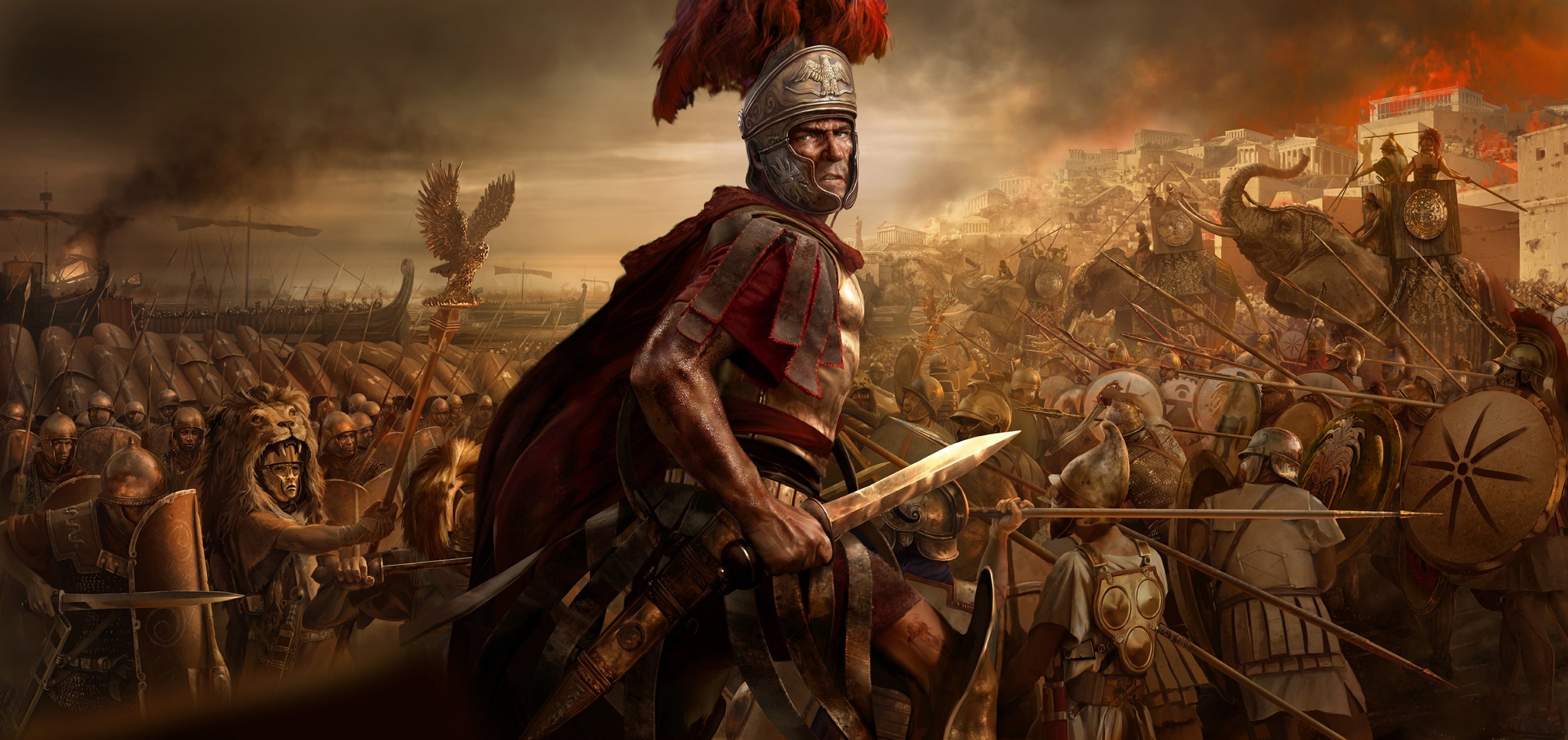 total war : rome 2 army battle war soldiers elephants fire spears shields sword helmet roman legion centurion aquilifer cloak scabbard masks sky flame ship creative assembly sega