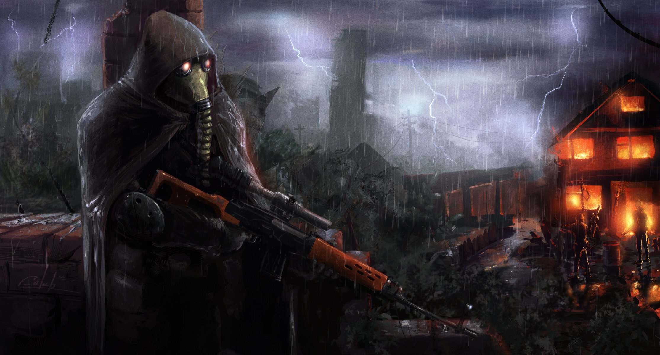 talker ambush s.t.a.l.k.e.r. weapon house fire flame rain the storm destruction men coat