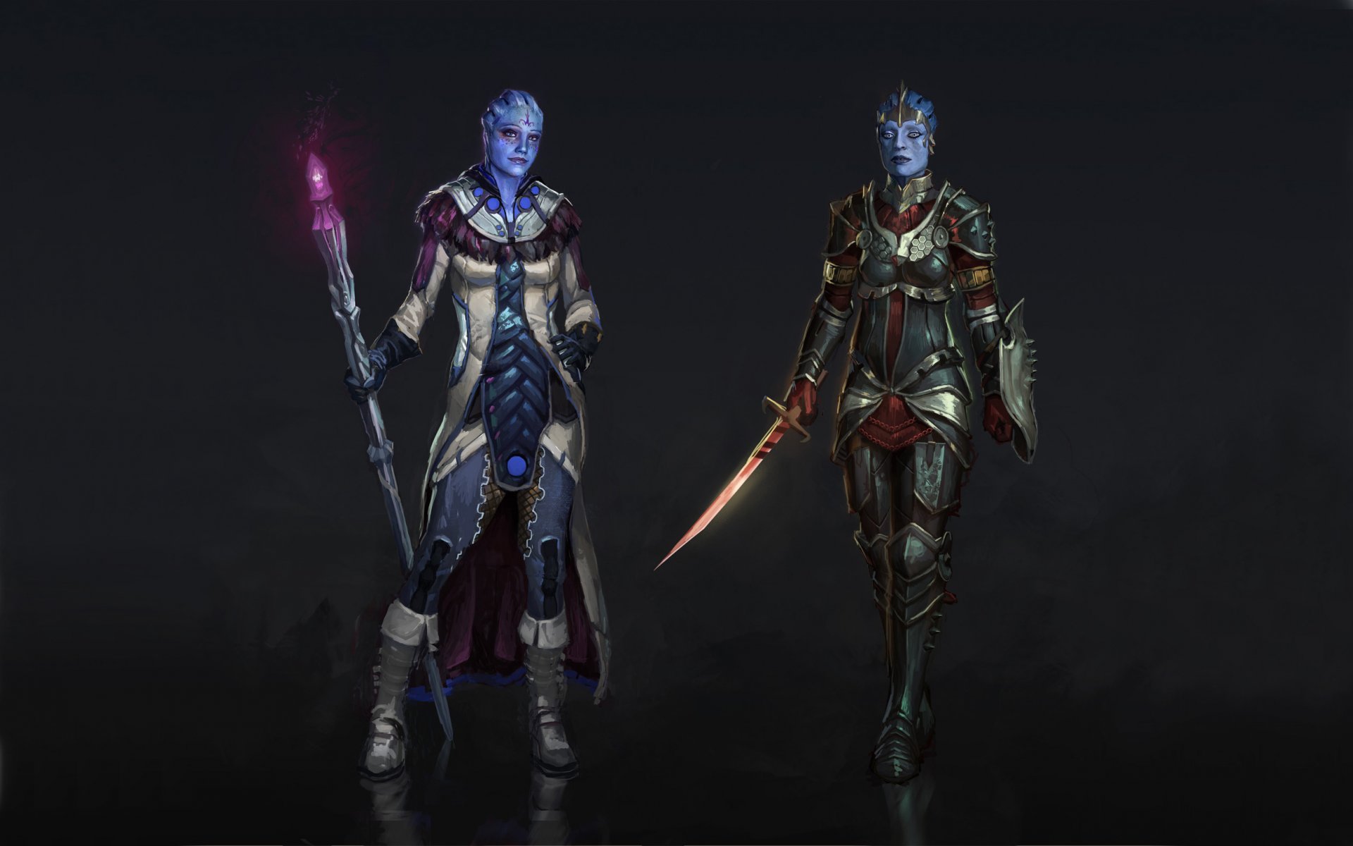 mass effect liara samara fanart guerrière armure épée sorcière cape bâton