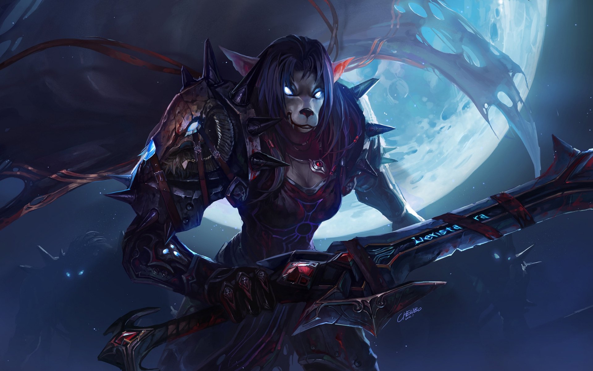 world of warcraft wow worgen wojowniczka zbroja miecz krew kolce noc księżyc płonące oczy