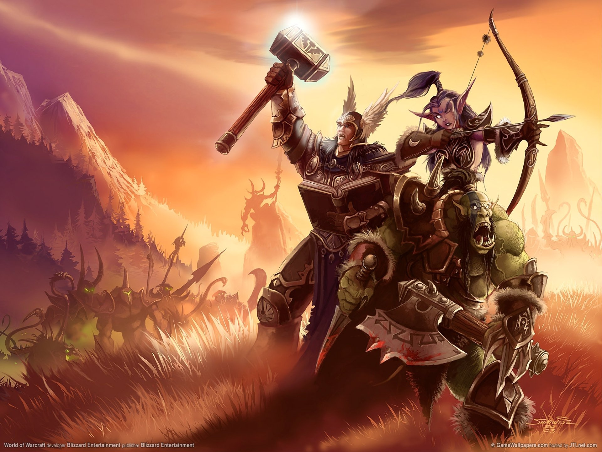 world of warcraft wow man elf ork armour weapon mountain valley monsters are surrounded by