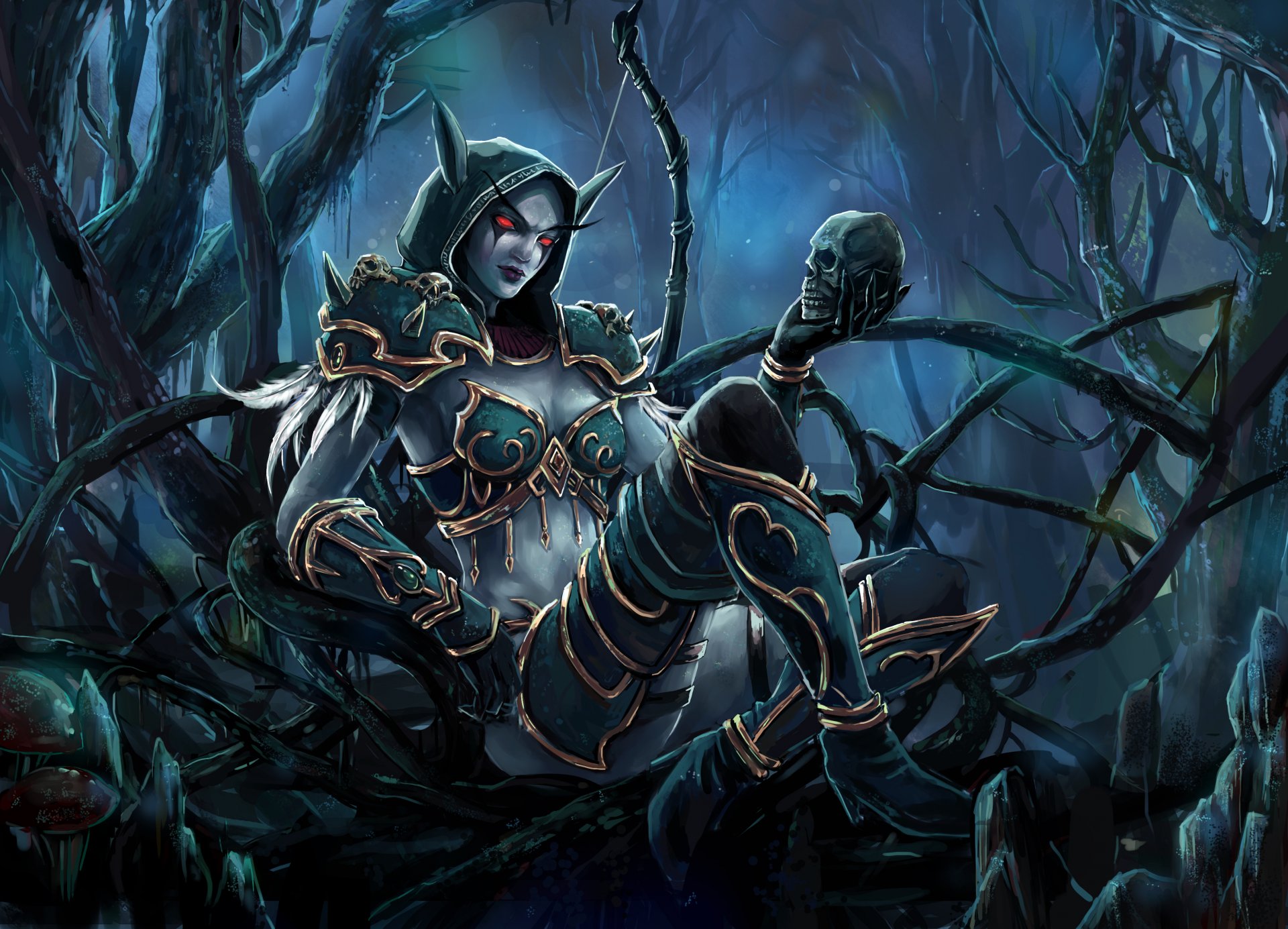 arte silvana wow mundo de warcraft chica elfo cráneo arco matorral bosque