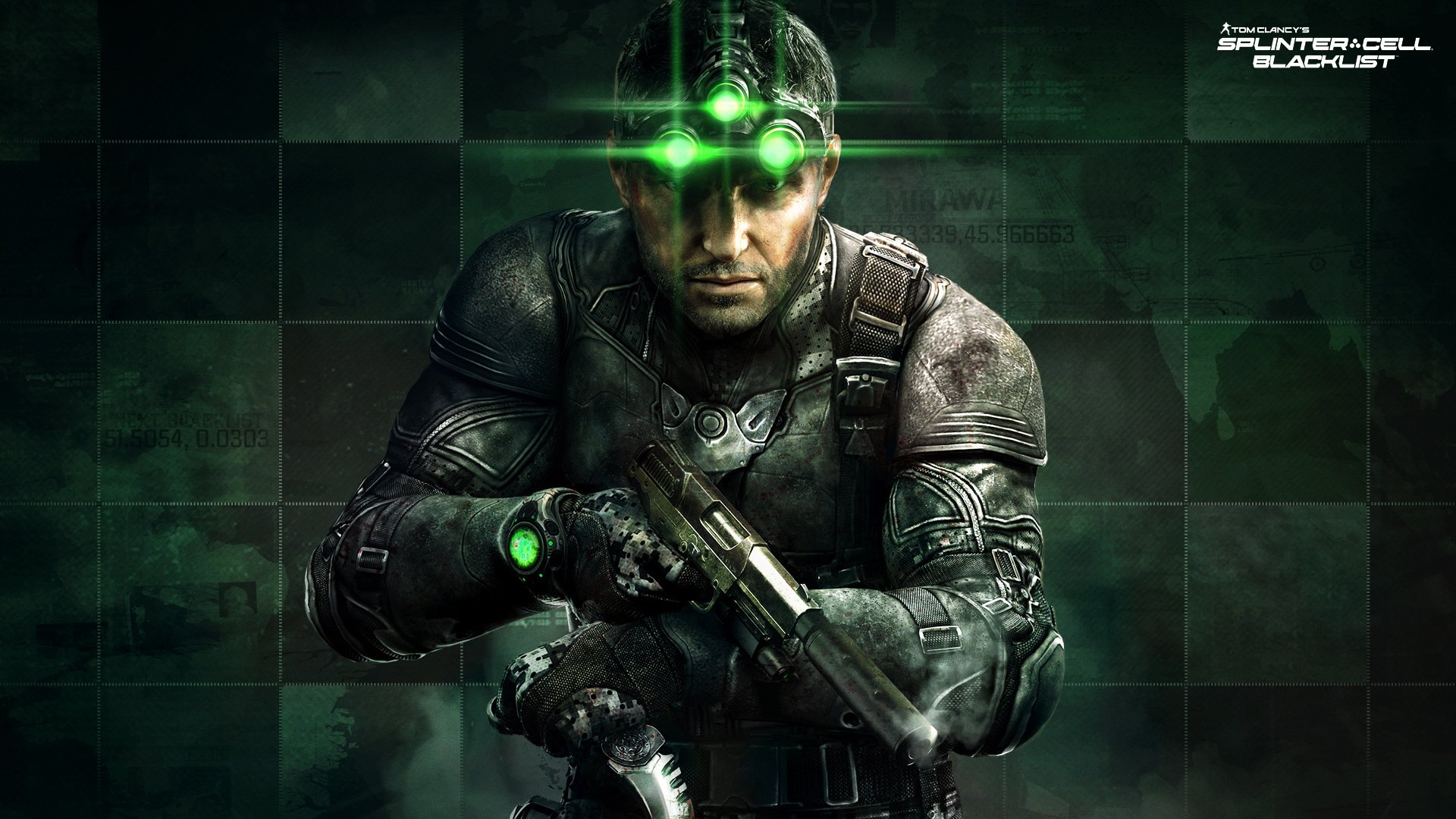 tom clancy splinter cell: czarna lista podzielone komórki: czarna lista tom clancy sam fisher samuel leo fisher samuel l. fisher agent broń pistolet nóż gogle noktowizyjne sprzęt ubisoft toronto