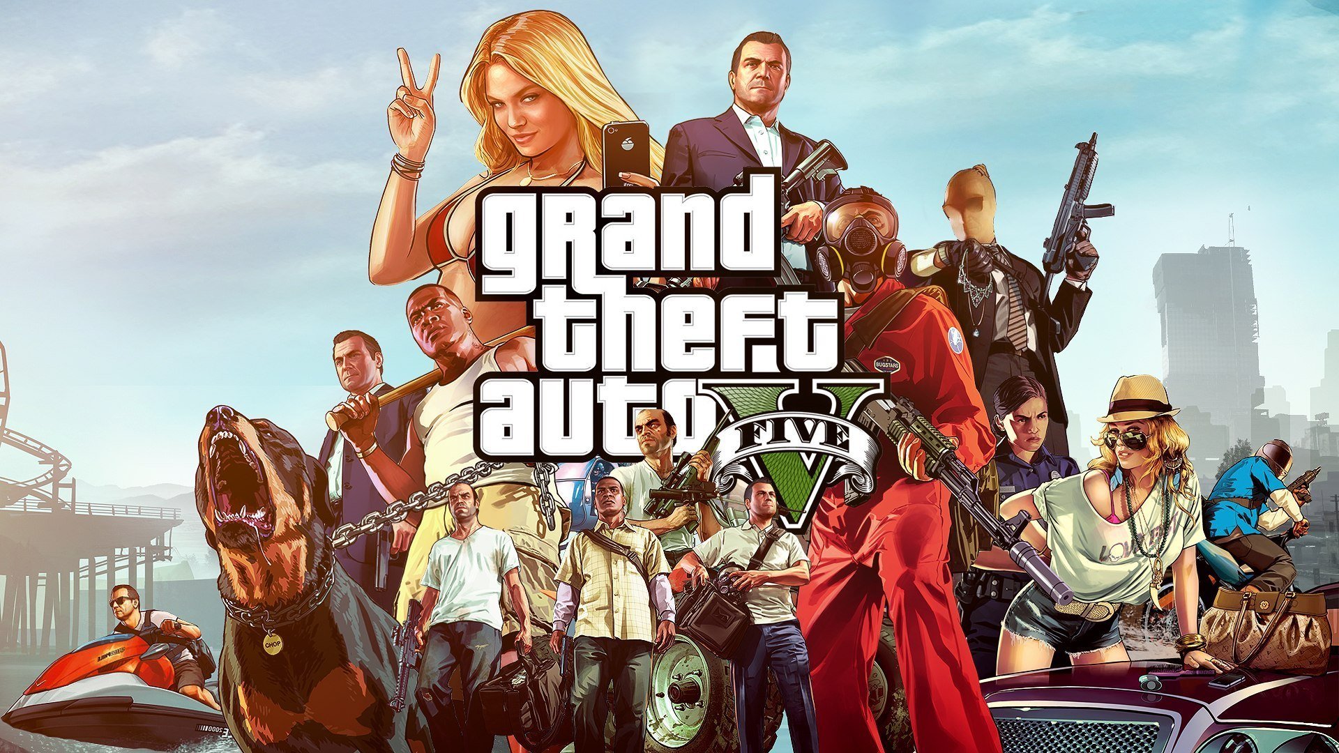 гта 5 grand theft auto v майкл тревор филлипс франклин rockstar north rockstar games бандиты мафия оружие пес бита цепь обои