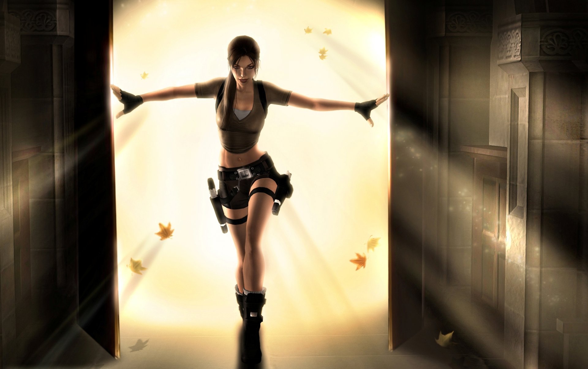 tomb raider lara croft mädchen fantasie pistolen tempel tür gelber lichtschatten ahornblätter