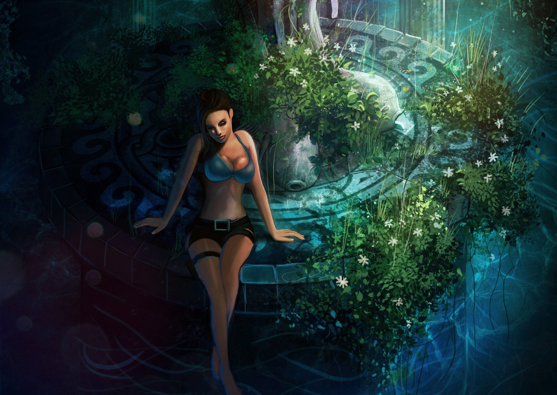 lara croft tomb raider fille short poitrine assis fontaine fleurs herbe jeu