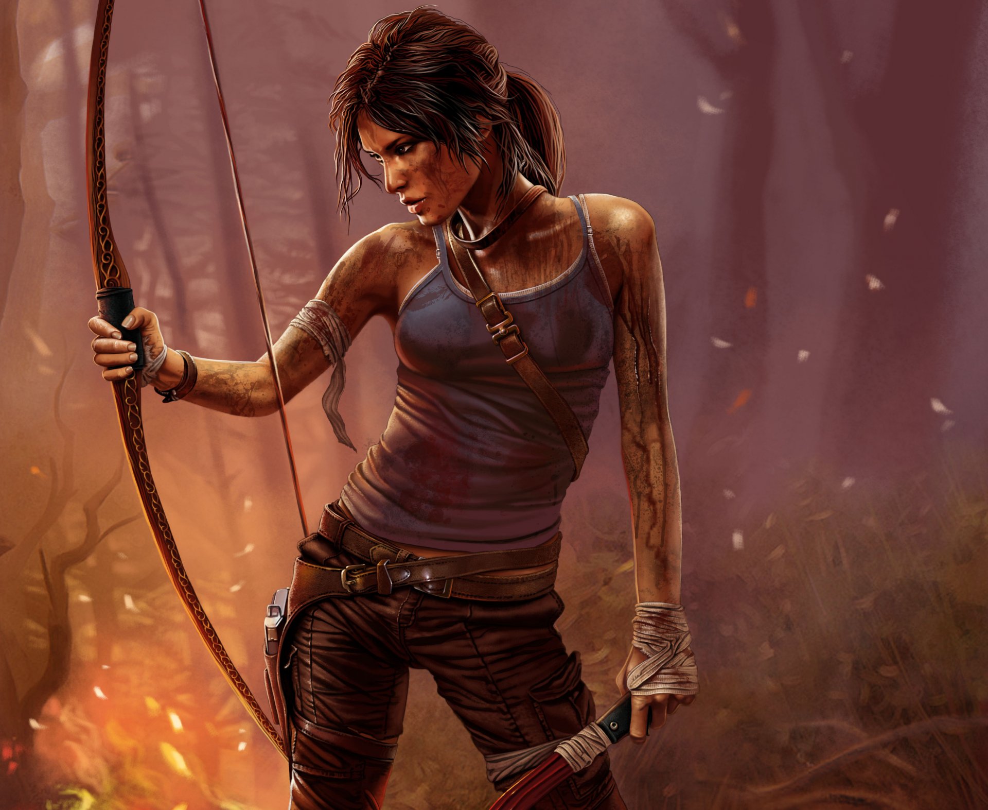 tomb raider lara croft mädchen spiel schmutz waffe bogen gesicht profil lagerfeuer