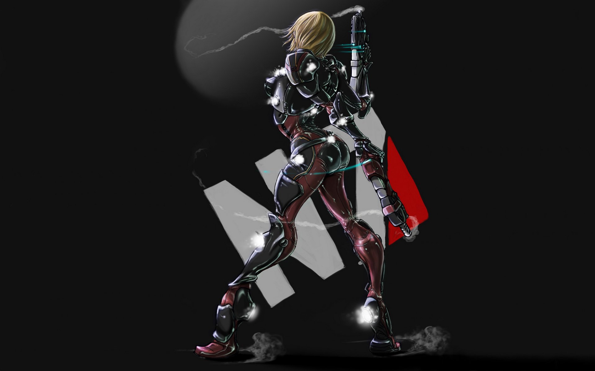 mass effect n7 girl suit weapon smoke simple background