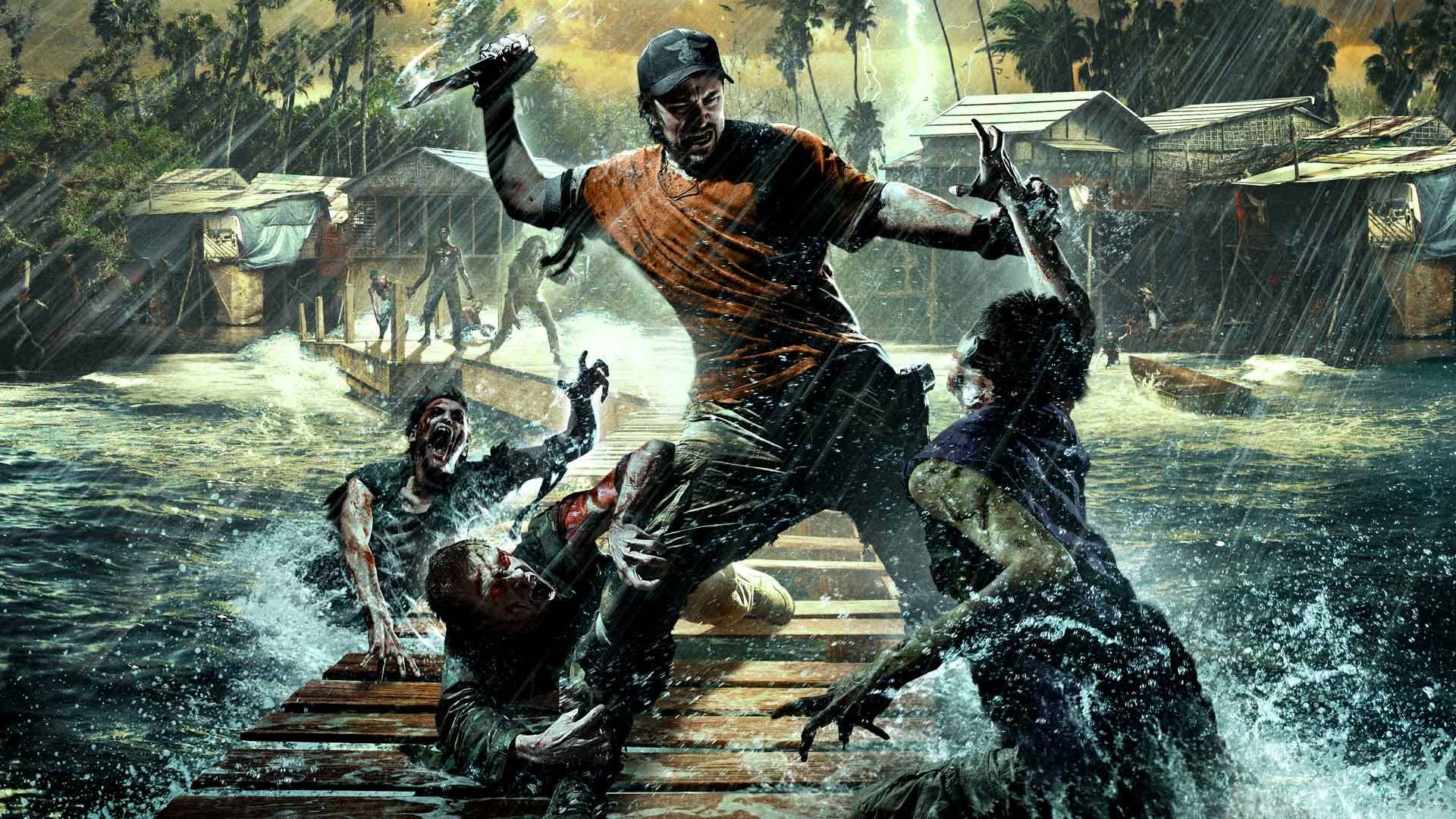 dead island riptide deep silver zombies knife water hut trees lightning catwalks palm trees tray survivors weapons john situation