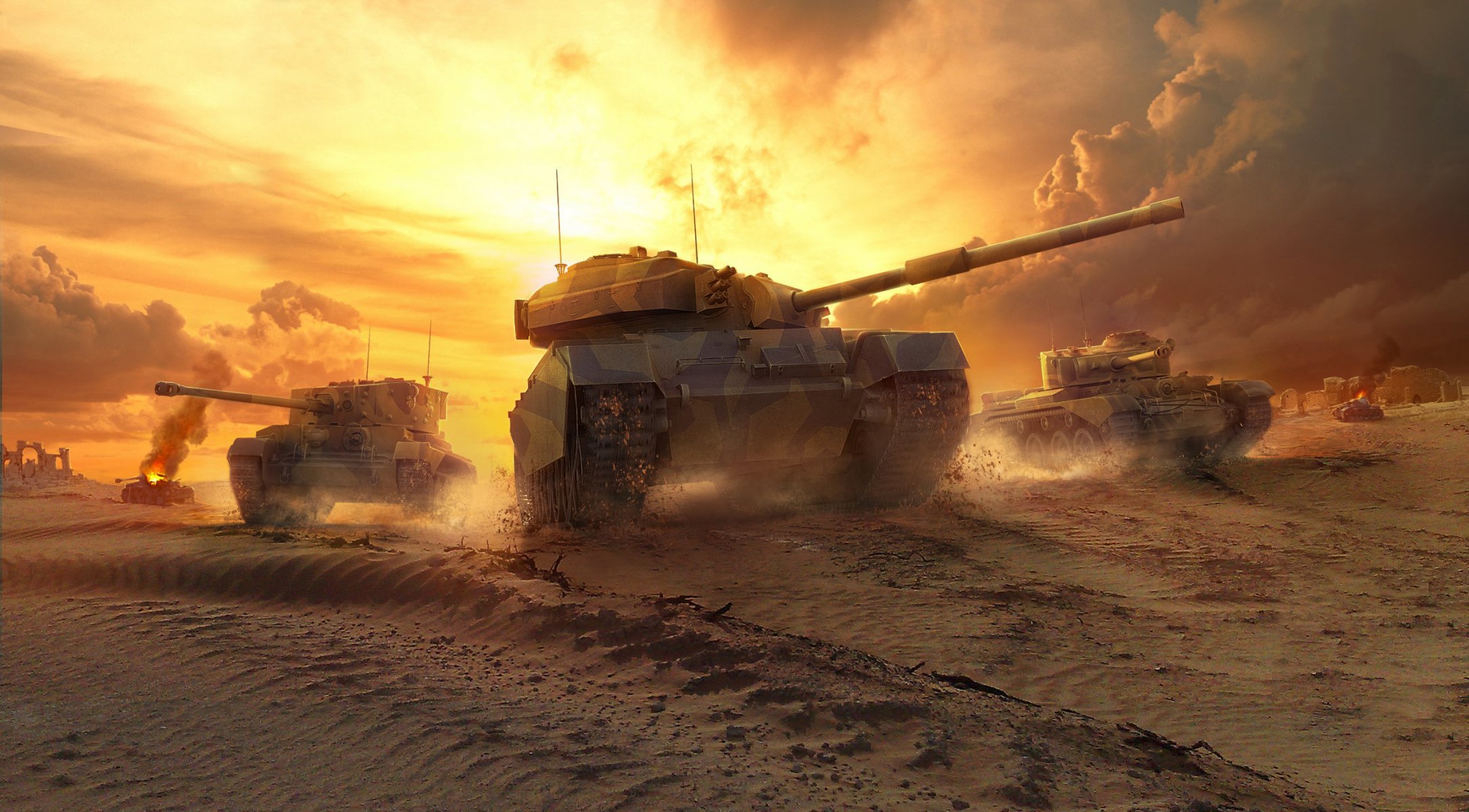 wargaming net world of tanks wot centurion mk . 7/1 comète cromwell royaume-uni réservoir britannique angleterre sable désert ciel nuages coucher de soleil flamme feu poussière fumée réservoirs moyens bâtiment réservoir moyen britannique wp