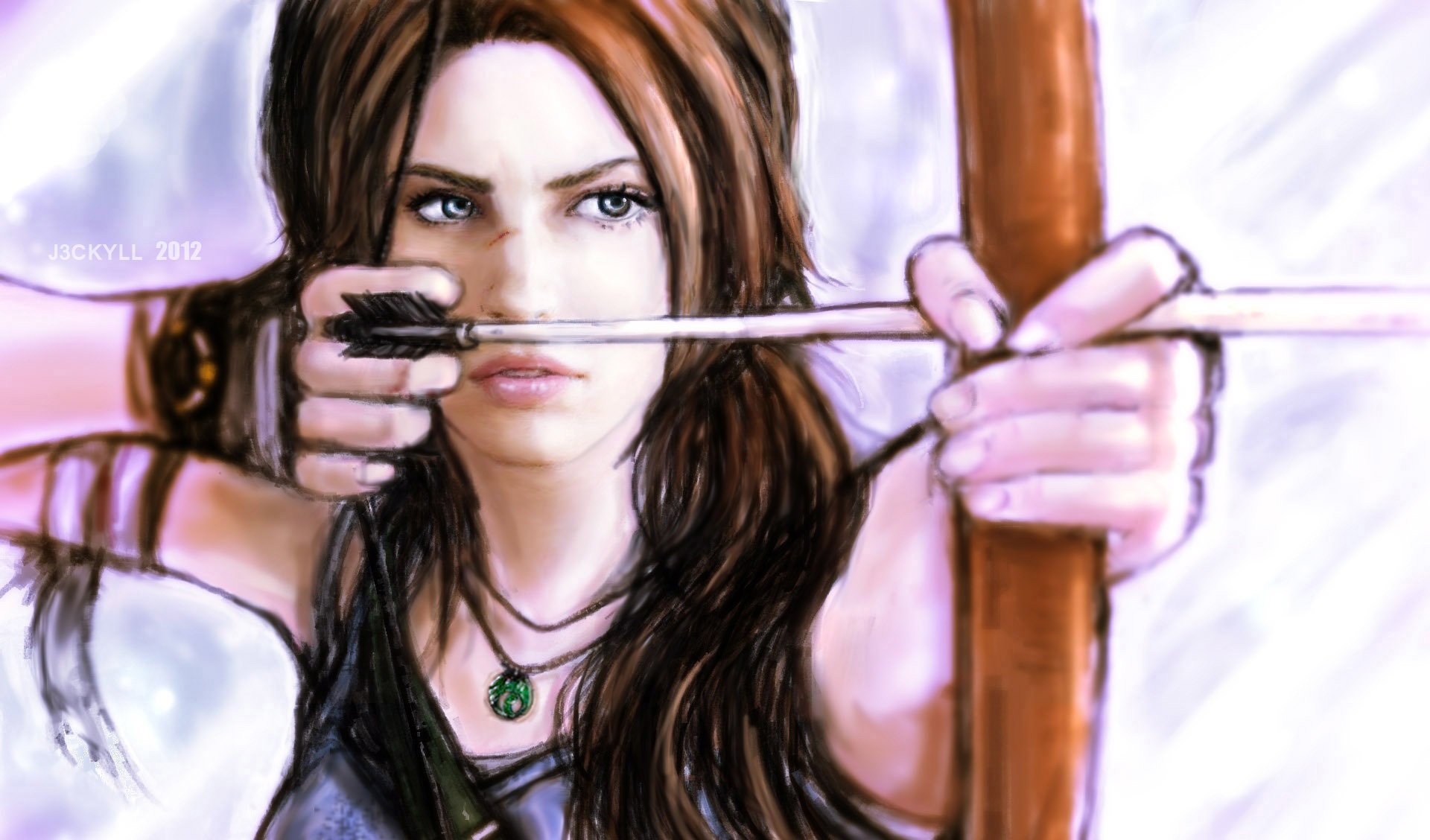 lara croft tomb raider girl game face view hair gloves weapon torment arrow art picture