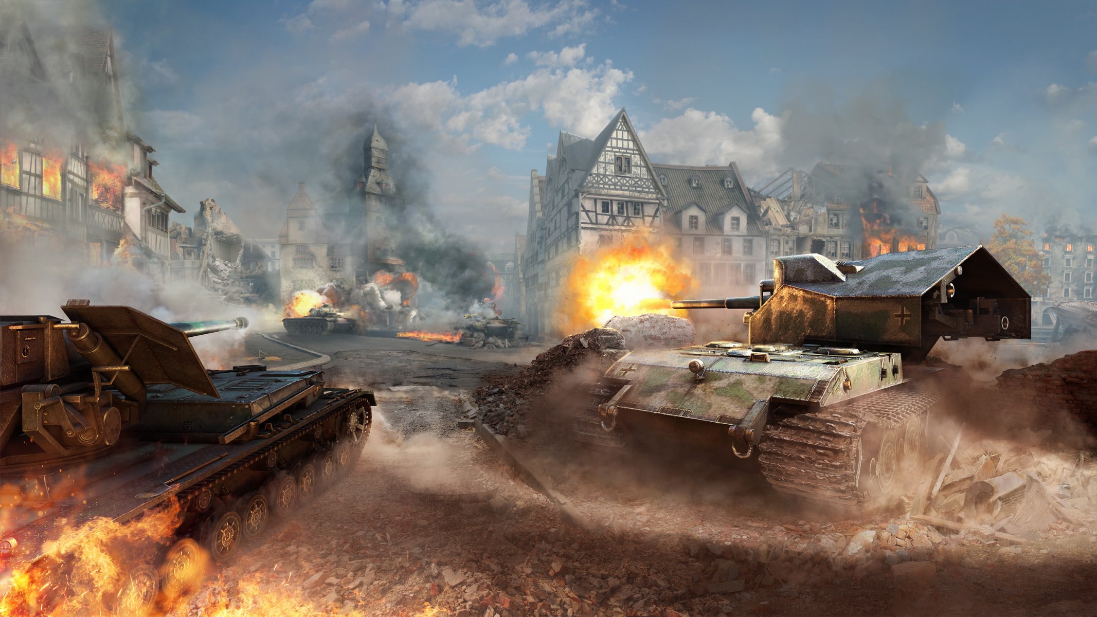 world of tanks wargaming net wot waffenträger auf e 100 german pt-acs waffenträger auf pz. iv fr anti-acs waffenträger camouflage wg fire trunk iron clouds house flame sky dust smoke shot update 8.9