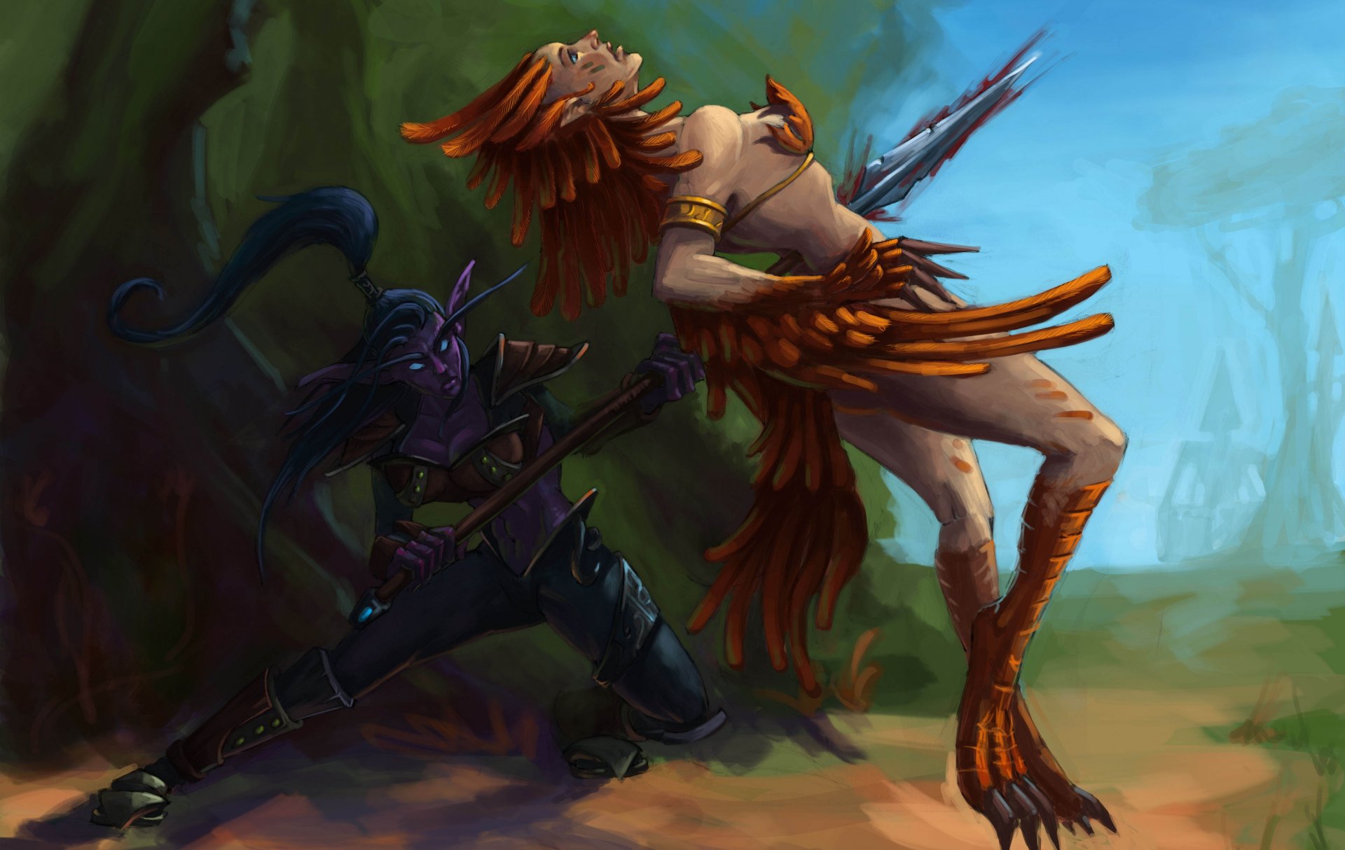 art world of warcraft wow elfe de la nuit elfe fille forêt lance plumes meurtre attaque