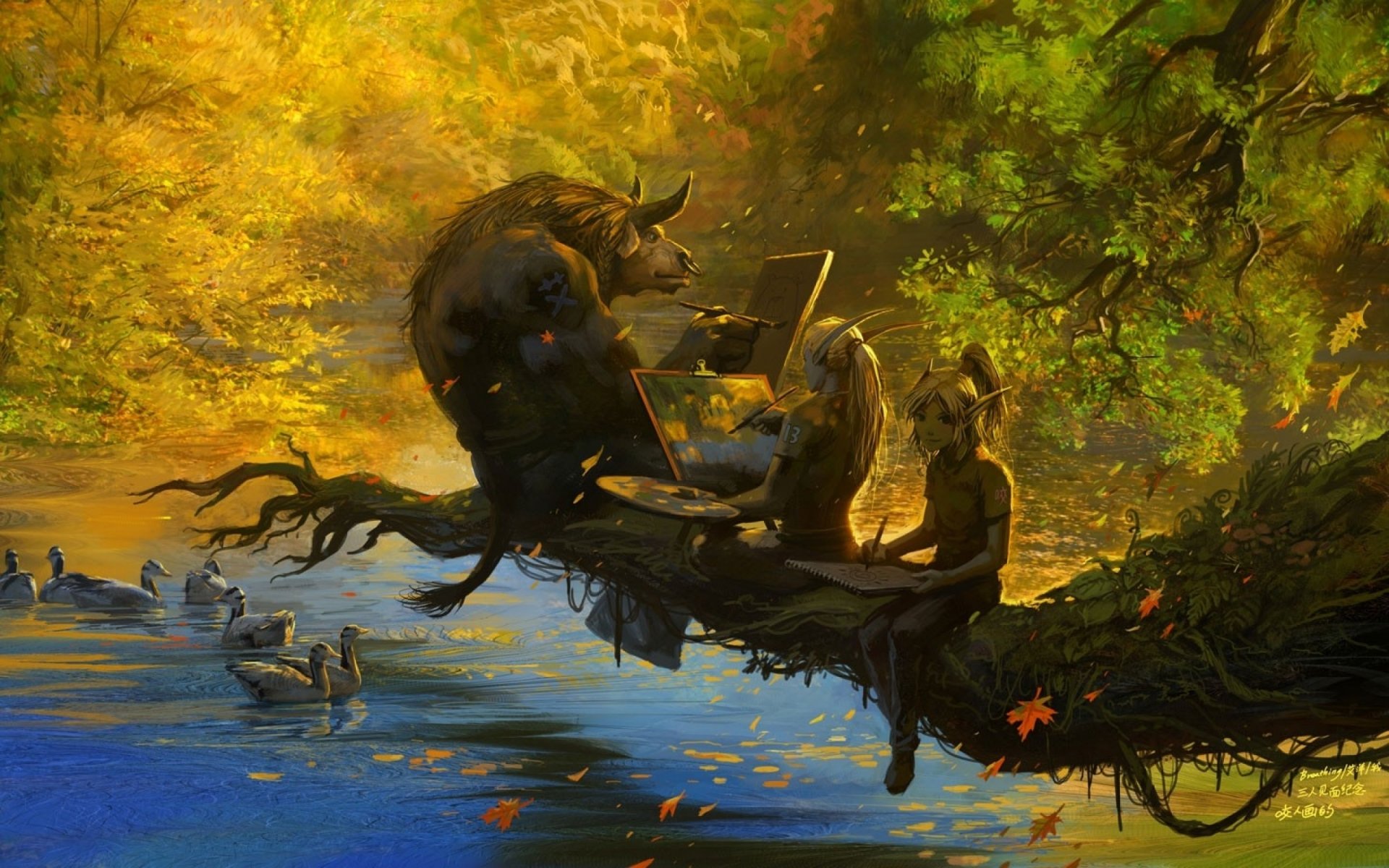 world of warcraft wow automne chute des feuilles lac branche elfes tauren dessiner