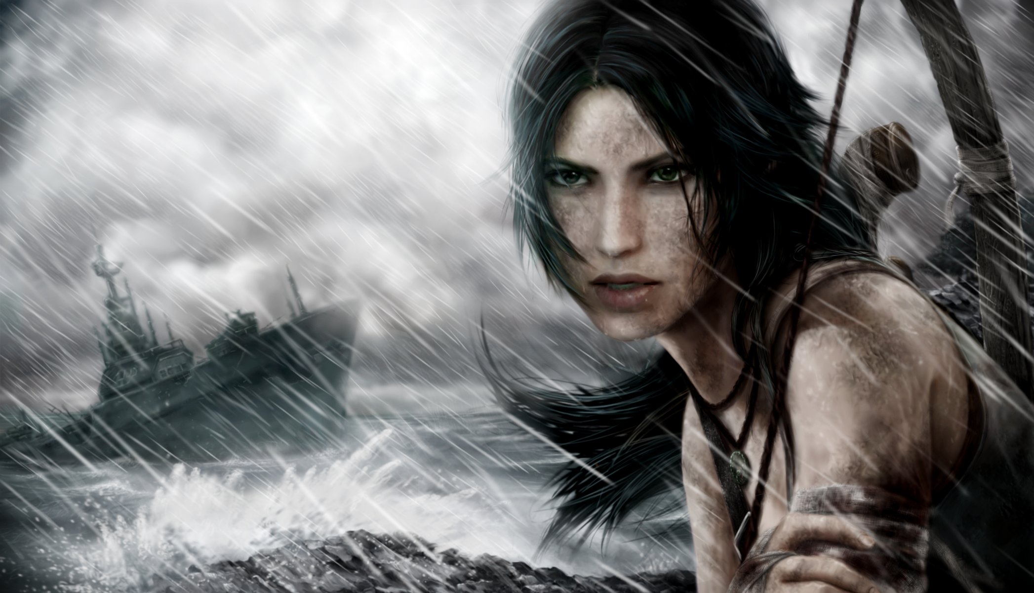 lara croft tomb raider gra dziewczyna broń łuk twarz oczy włosy kucyk spojrzenie ręka statek morze fale niebo burza