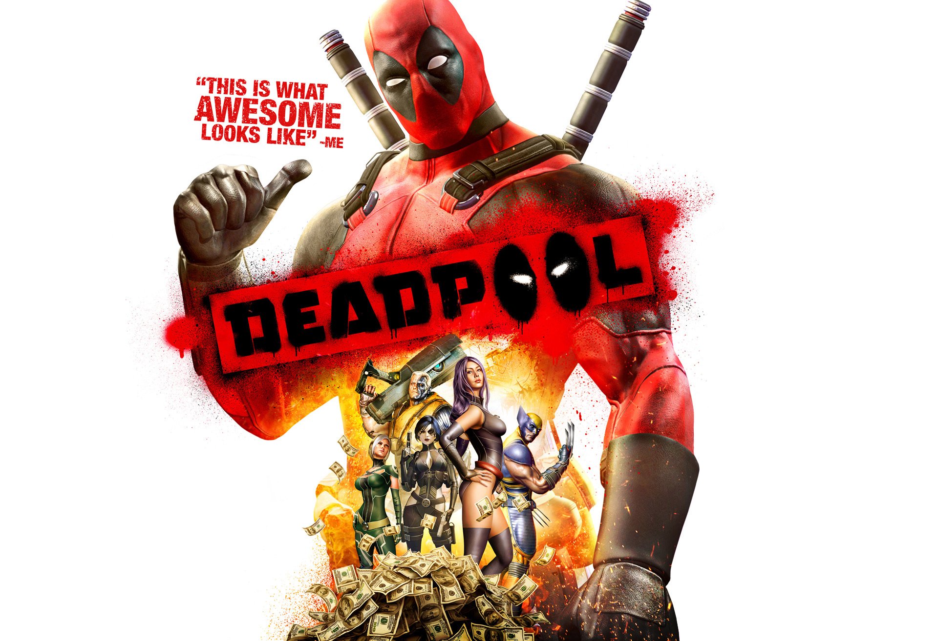 deadpool: the game deadpool antihero mouthy mercenary wade winston wilson wade wilson marvel money dollars bucks wolverine fire flame swords weapon high moon studios activision publishing