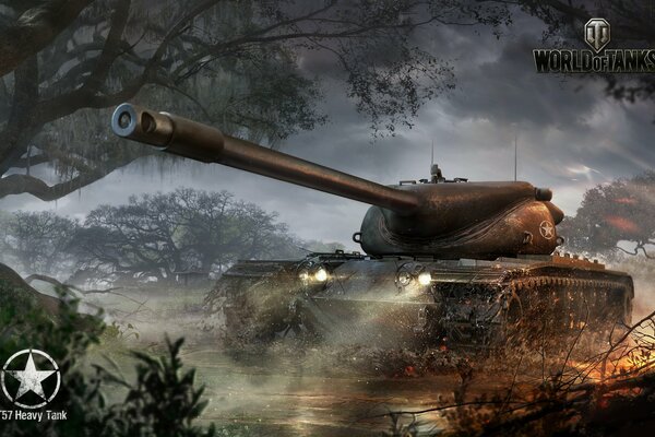 Американский танк стоит в воде в тумане на сером фоне